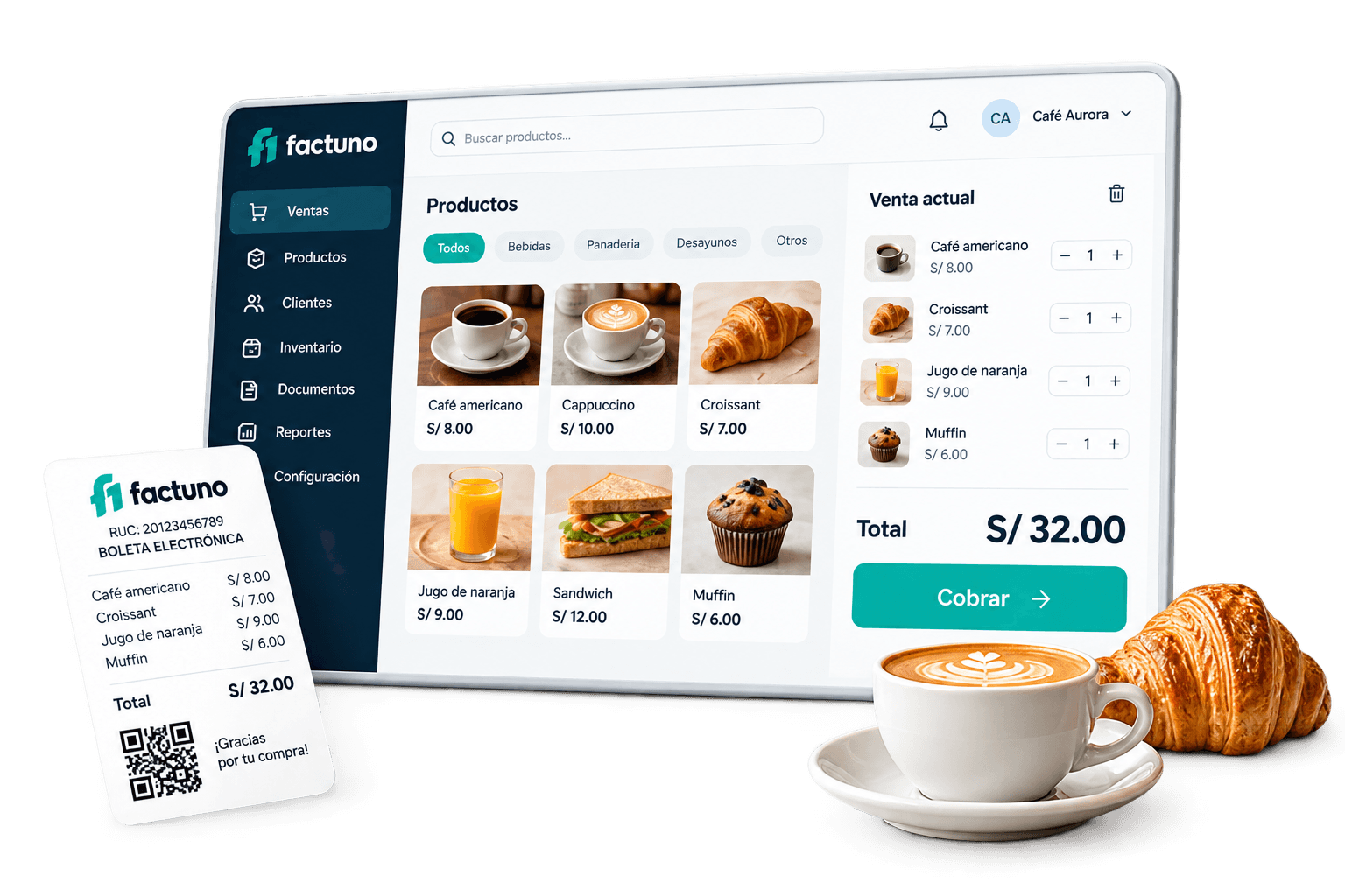 Factuno en una cafetería: punto de venta en una tableta junto a un recibo electrónico de ejemplo, un café y un croissant